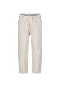 Pantaloni beige a righe con vita elasticizzata e lacci. Realizzati in un tessuto leggero, presentano righe verticali blu navy.