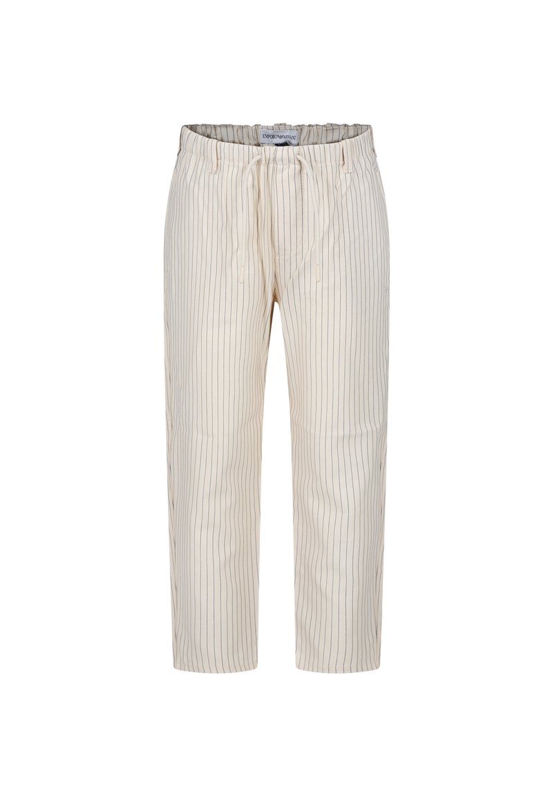 Pantaloni beige a righe con vita elasticizzata e lacci. Realizzati in un tessuto leggero, presentano righe verticali blu navy.