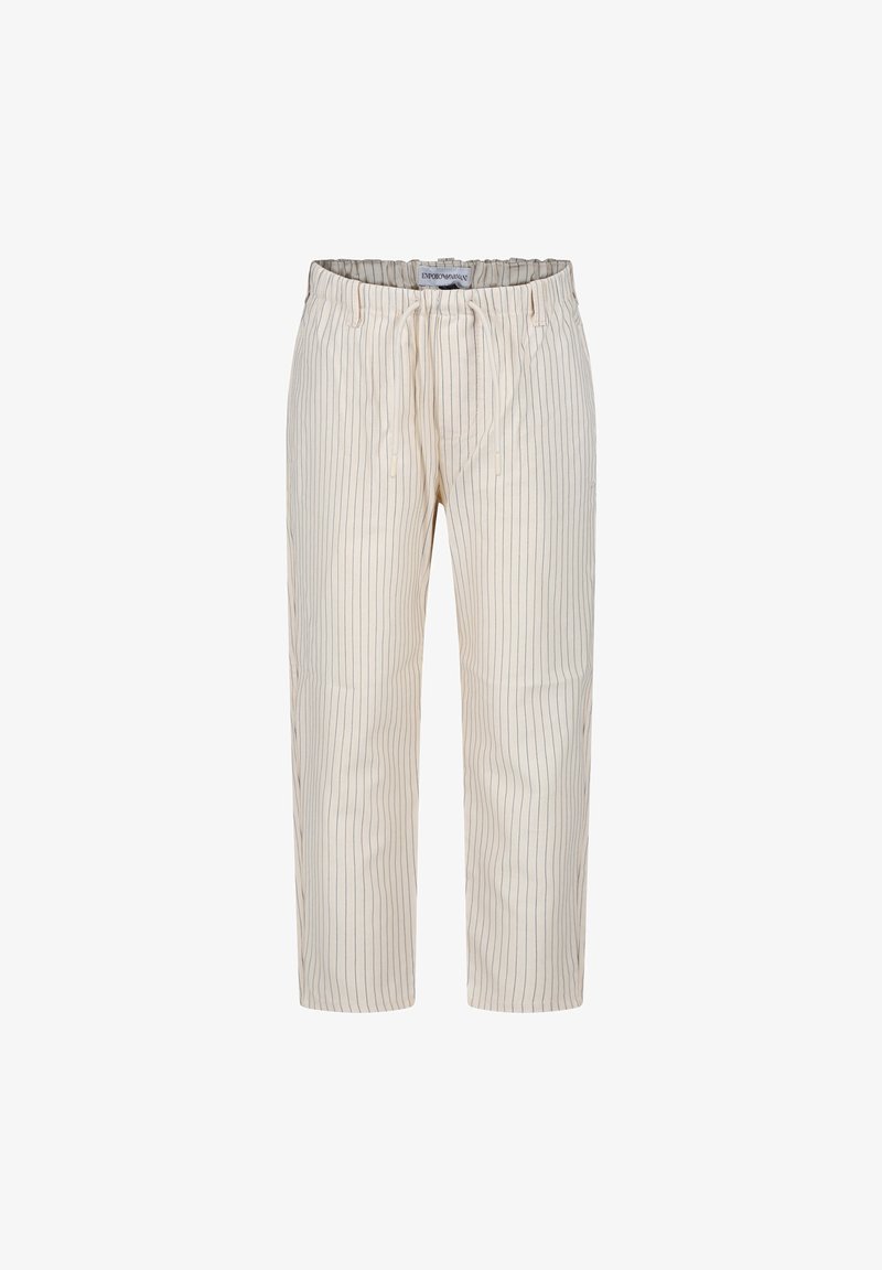 Pantaloni beige a righe con vita elasticizzata e lacci. Realizzati in un tessuto leggero, presentano righe verticali blu navy.