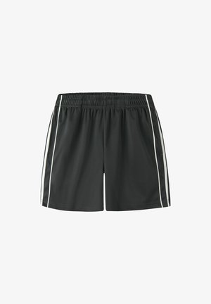 Fekete sportnadrág fehér függőleges csíkokkal az oldalon és rugalmas derékpánttal, elölről látható fehér háttéren.