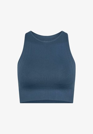 Granatowy stanik sportowy wykonany z teksturowanej tkaniny. Posiada okrągły dekolt i szerokie ramiączka, a także dopasowany krój z subtelnymi akcentami wzorów.