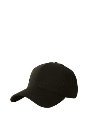 Czarny baseballowy kapelusz wykonany z teksturowanej tkaniny, z zakrzywionym daszkiem i subtelnym logotypem na przednim panelu. Bez dodatkowych ozdób.
