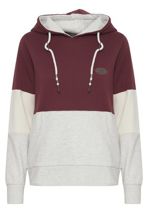 Maroon and light grey hooded sweatshirt with a contrasting color block design, drawstrings, and a logo patch on the chest. Soft texture.