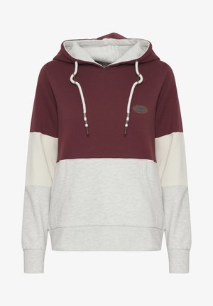 Bordo un gai pelēks kapuci krekls ar kontrastējošu krāsu bloku dizainu, aukliņām un logo uzļaiku uz krūšu daļas. Mīksta tekstūra.