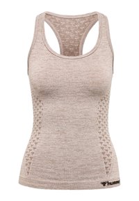 Beige sleeveless top dengan desain racerback, menampilkan bagian belakang dengan pola tekstur dan detail jahitan yang halus. Logo di bagian bawah. Kain elastis.