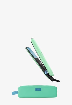 Mintgroene en zwarte stijltang met keramische platen en bijpassend rechthoekig hittebestendig opbergzakje.