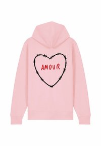 Felpa rosa con un contorno a forma di cuore con dettagli ricamati e la parola "AMOUR" in rosso, posizionata sul retro. Tessuto morbido, design informale.