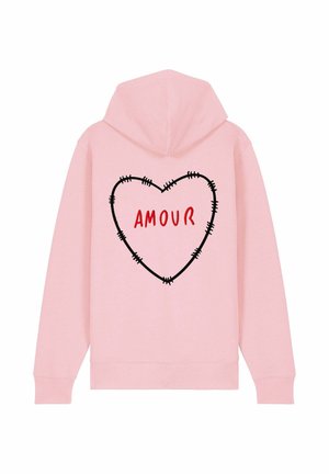 Felpa rosa con un contorno a forma di cuore con dettagli ricamati e la parola "AMOUR" in rosso, posizionata sul retro. Tessuto morbido, design informale.