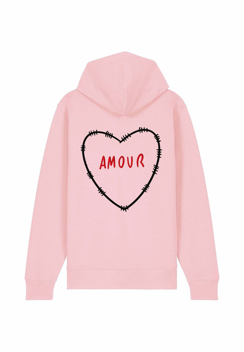 Felpa rosa con un contorno a forma di cuore con dettagli ricamati e la parola "AMOUR" in rosso, posizionata sul retro. Tessuto morbido, design informale.