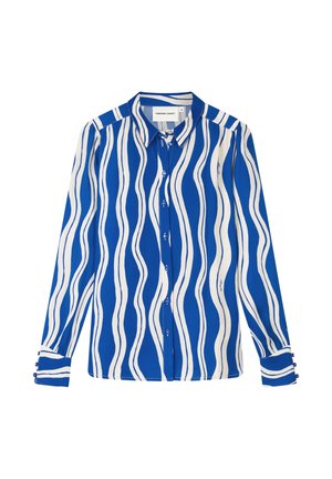 Blauw-wit overhemd met lange mouwen en knopen, met golvende verticale strepen en een puntige kraag, plat gelegd op een witte achtergrond.