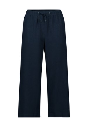 Marineblå brede bukser lavet af letvægtige materialer, med en elastisk talje og snor til justering.