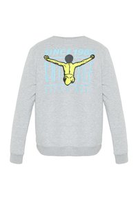 Gray sweatshirt featuring a colorful graphic print on the back with the text "CHITSEE SINCE 1982" and a yellow sketch of a figure with outstretched arms.