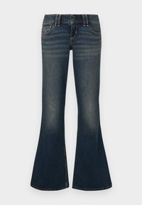 Σκούρα μπλε τζιν καμπάνα από denim, με κλείσιμο δύο κουμπιών, διακριτική ξεθώριαση και κλασικό ράψιμο κατά μήκος των τσεπών και των ραφών.