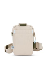 Borsa a tracolla beige realizzata in tessuto resistente. Presenta un design rettangolare semplice, una tracolla regolabile, una tasca frontale e dettagli in metallo discreti.
