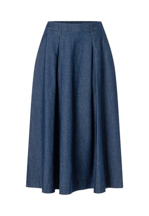 Niebieska spódnica midi z denimu z plisami, szerokim paskiem i luźną, rozkloszowaną sylwetką A.