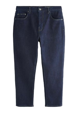 Sötétkék farmernadrág normál, keskenyedő szabással, elöl zsebekkel, derékpántokkal és gombos rögzítéssel.