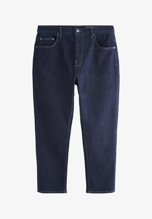 Dunkelblaue Denim-Jeans mit regulärer, zulaufender Passform, ausgestattet mit vorderen Taschen, Gürtelschlaufen und einem Knopfverschluss.