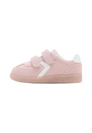 Pink children's sneaker with two Velcro straps and a white accent on the side, featuring a beige rubber sole.