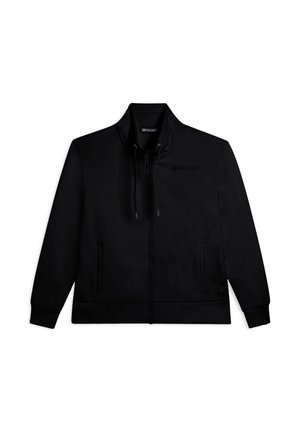 Giacca nera con zip e colletto alto, realizzata in tessuto morbido. Presenta due tasche laterali e un logo discreto sul petto.