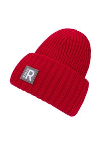 Bright red knitted beanie with folded cuff, featuring a gray patch labeled "#1839" and a large white "R" on the cuff.