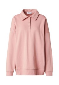 Roze pullover trui met een kraag, drie knopen en lange mouwen. Gemaakt van zacht materiaal met een losse pasvorm en geribbelde manchetten.