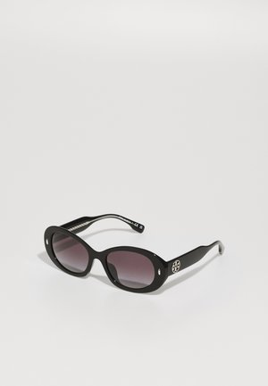 Schwarze Sonnenbrille mit dunkelverlaufenden Gläsern, ovaler Form, glänzender Oberfläche, mit einem hervorgehobenen Logo an der Seite und silbernen Akzenten.