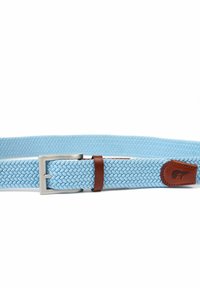 Cintura intrecciata di colore blu chiaro con fibbia metallica argentata e dettagli in pelle marrone. Include una patch con il logo sulla parte in pelle.