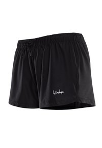 Pantalones cortos deportivos negros hechos de tejido ligero, con una cintura elástica con cordón y un pequeño logo en la pierna.