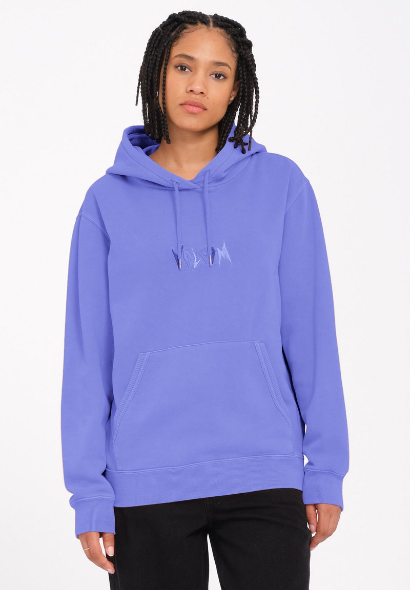 Paarse hoodie met een voorzak, een capuchon met trekkoord, geribde manchetten en een grafisch logo op de borst. Zachte stof met een egale textuur.