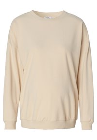 Beige oversized sweatshirt met lange mouwen, geribbelde manchetten en boord, gemaakt van een zachte stof met een gladde textuur en een minimalistisch ontwerp.