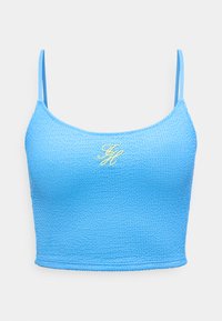 Μπλε crop top με υφή, λεπτές τιράντες και μικρά κίτρινα κεντημένα αρχικά στο κέντρο του στήθους.