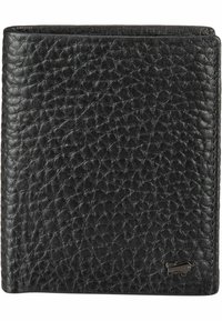 Portafoglio in pelle nera con finitura testurizzata, design pieghevole a due ante e un piccolo logo metallico accentato nell'angolo inferiore.