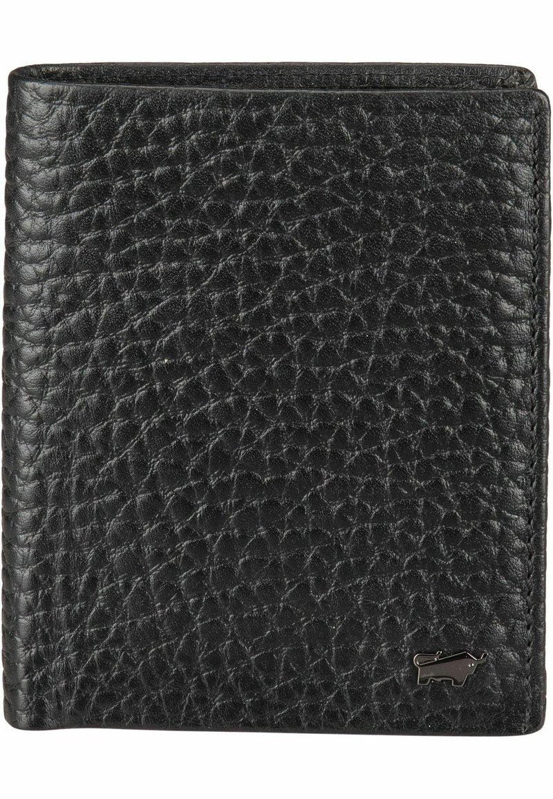 Portafoglio in pelle nera con finitura testurizzata, design pieghevole a due ante e un piccolo logo metallico accentato nell'angolo inferiore.