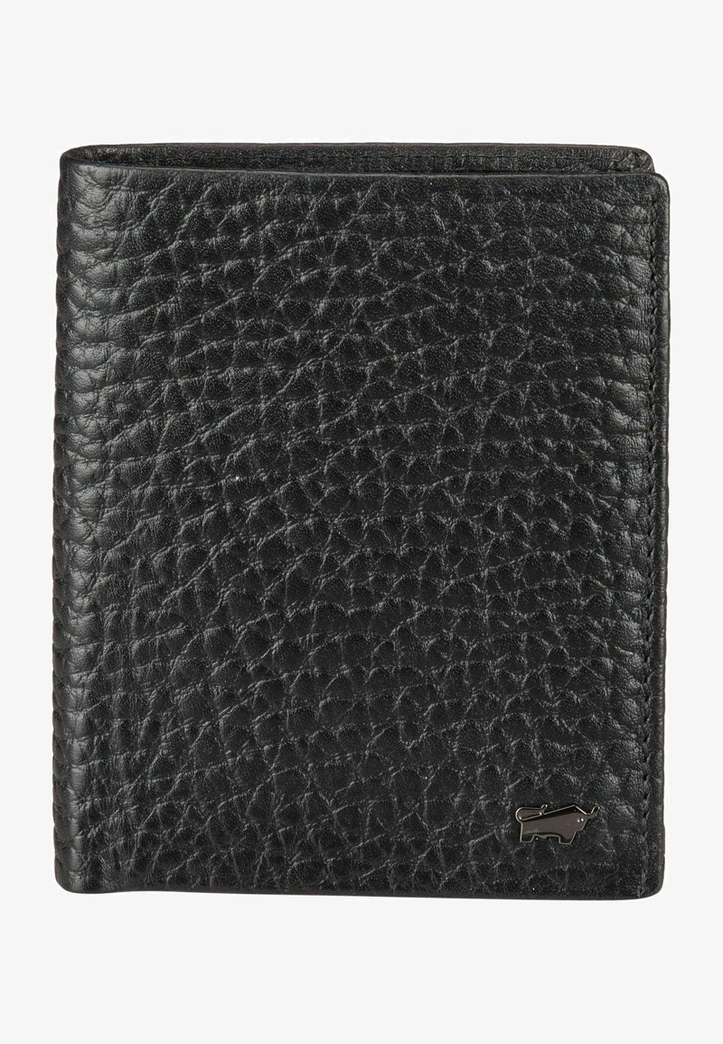 Portafoglio in pelle nera con finitura testurizzata, design pieghevole a due ante e un piccolo logo metallico accentato nell'angolo inferiore.
