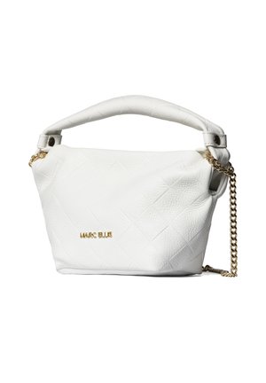 Sac à main en cuir blanc texturé avec poignée courte, bandoulière chaîne dorée et petit logo doré « MARC ELLIS » sur le devant.