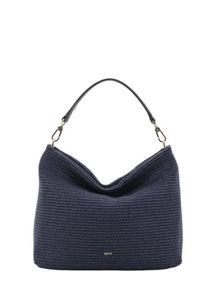 Navy blue woven handbag with a single black leather shoulder strap and gold-toned clasps, featuring a small gold brand logo on the front.