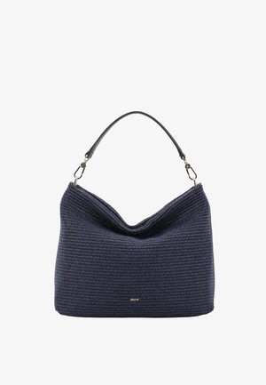 Navy blue woven handbag with a single black leather shoulder strap and gold-toned clasps, featuring a small gold brand logo on the front.