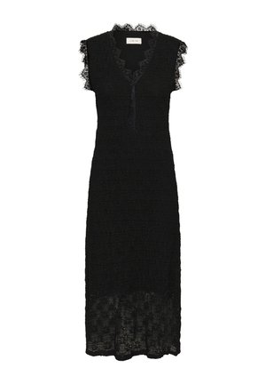 Schwarzes ärmelloses Midikleid mit Spitzenbesatz an Ärmeln und Ausschnitt, aus strukturiertem Stoff mit V-Ausschnitt und Knopfdetail.