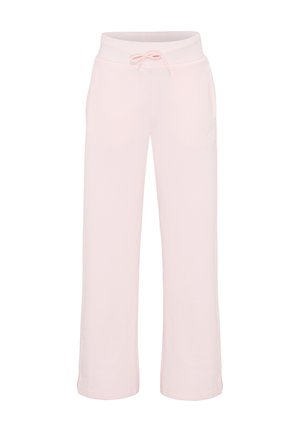 Pantaloni da tuta rosa in cotone con vita regolabile, gamba larga e logo sul lato; texture liscia e design casual.