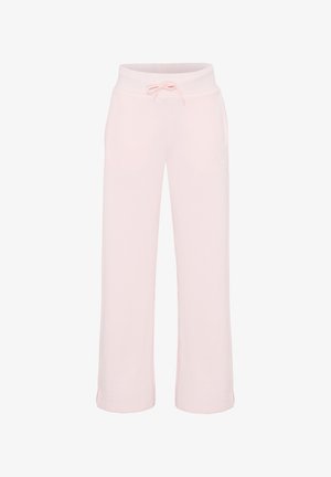 Pantalones de chándal de algodón rosa con cintura con cordón, piernas anchas y un logo en el costado; textura suave y diseño casual.