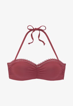 Bikini zgoraj v temno rdeči barvi, ima nabran dizajn, valovite robove in prilagodljive vezalke okoli vratu. Gladka tekstura, brez vidnih oblazinjenj.