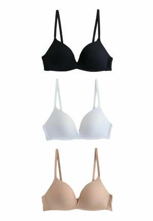 Drei gepolsterte BHs in Schwarz, Weiß und Beige, jeweils mit dünnen verstellbaren Trägern, vertikal auf einem weißen Hintergrund angeordnet.