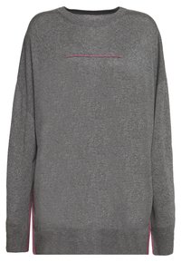 Gray long-sleeve sweater with a round neckline, featuring a horizontal pink stitch detail and side slits for ease of movement. Soft texture.