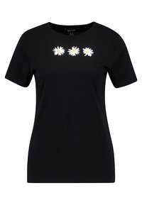 Camiseta de algodón negra con mangas cortas y un escote redondo, adornada con tres aplicaciones de flores margarita blancas en el pecho.