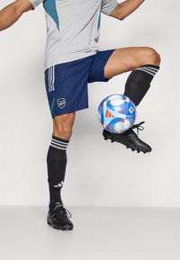 Sportudstyr med en grå t-shirt, marineblå shorts med Arsenal-logo, sorte fodboldstøvler og sorte sokker med hvide striber. Blå mønstret fodbold.