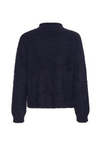 Navyblauw fuzzy breisweater met lange mouwen, hoge kraag en een ontspannen pasvorm. Zachte textuur, geen zichtbare ontwerpelementen op de achterkant.