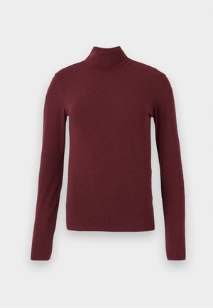 Maglietta a maniche lunghe color bordeaux con collo alto, realizzata in morbido tessuto misto cotone, design aderente, con una superficie liscia e senza motivi o dettagli visibili.