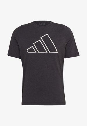 T-shirt à manches courtes gris foncé avec un grand logo géométrique en contours, composé de trois formes ascendantes, centré sur la poitrine.
