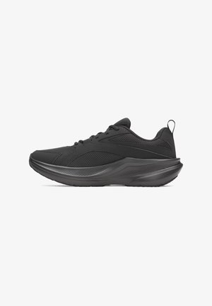 Black athletic sneaker with thick cushioned sole, mesh and synthetic upper, lace-up closure, and pull tab on heel, side view.