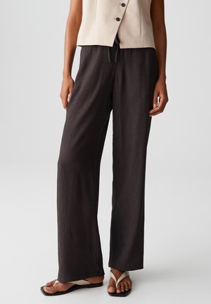 OPUS HIGH RISE LONG WIDE FIT CRINKLE - Trousers - midnight brown